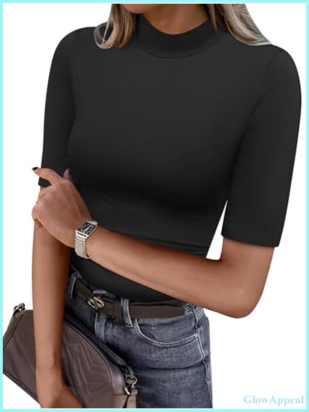 Women's Mock Neck Half Sleeve Slim Fit Basic Tee Work Business Casual Top